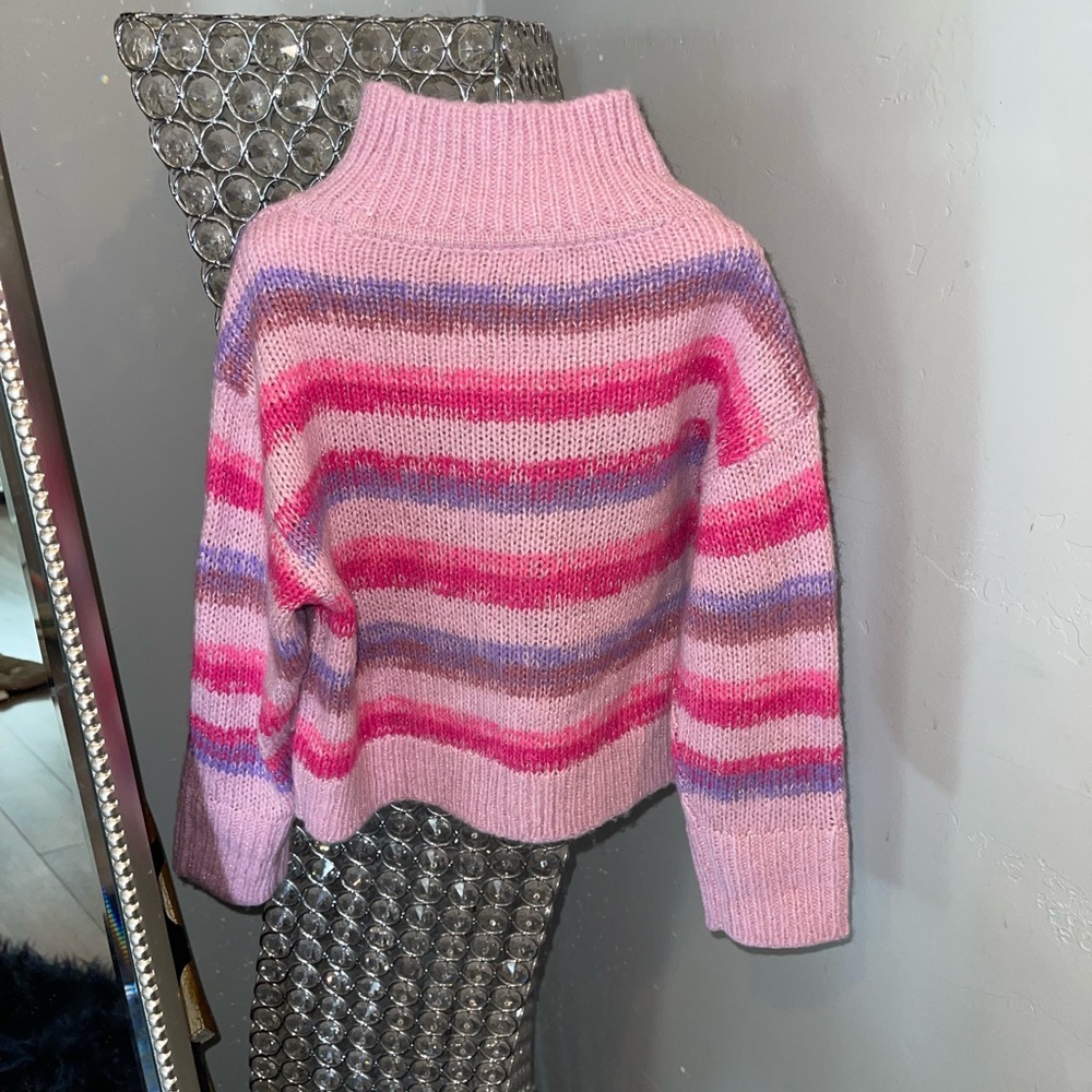 Cozy Pink Striped Turtleneck Sweater